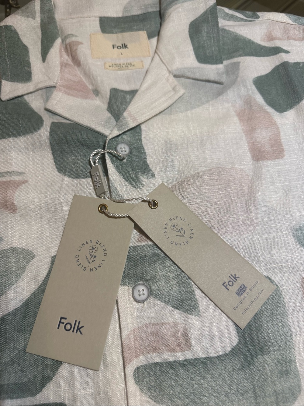 Folk Linen-Blend Shirt with Sage Green & Blush Print - Men’s Large - Picture 5 of 8